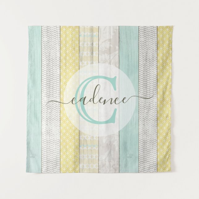 Rustic Mint & Yellow Boho Geo Modern Personalized Tapestry (Front)