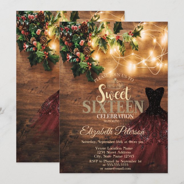 Rustic Mistletoe,String Lights,Dress,Wood Sweet 16 Invitation (Front/Back)