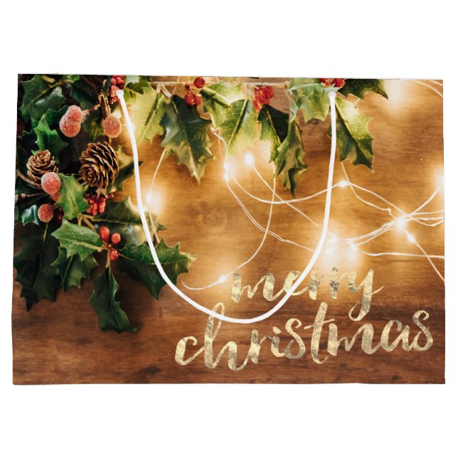Rustic Mistletoe,String Lights,Wood,Holiday Large Gift Bag (Back)