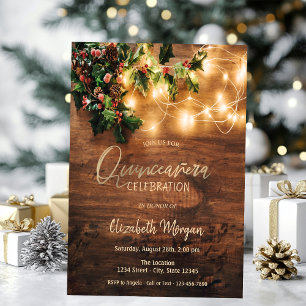 Rustic Mistletoe,String Lights,Wood Quinceañera Invitation