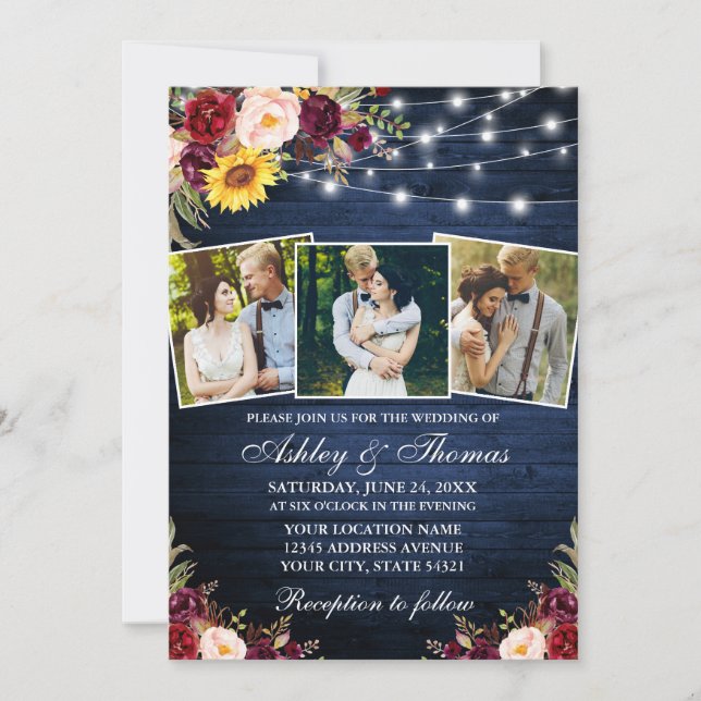 Rustic Mixed Floral 3 Photo Lights Wood Wedding Invitation (Front)