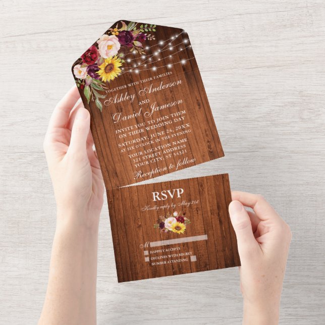 Rustic Mixed Floral Wood String Lights Wedding All In One Invitation (Tearaway)