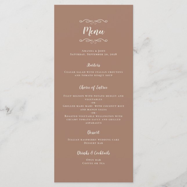 Rustic Mocha Brown Wedding Cream Script Dinner Menu (Front)