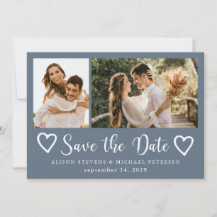 Rustic modern 2 photo dusty blue wedding  save the date