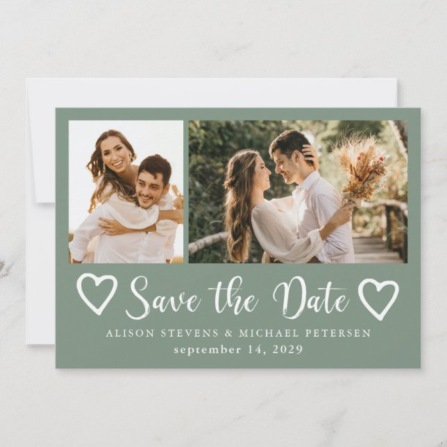 Rustic modern 2 photo sage green wedding  save the date (Front)