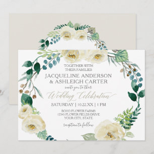 Rustic Modern Alabaster Rose Eucalyptus Wreath Invitation