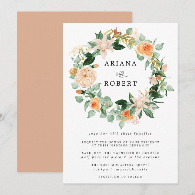 Rustic Modern Autumn Floral Wreath Wedding Invitation (Front/Back)