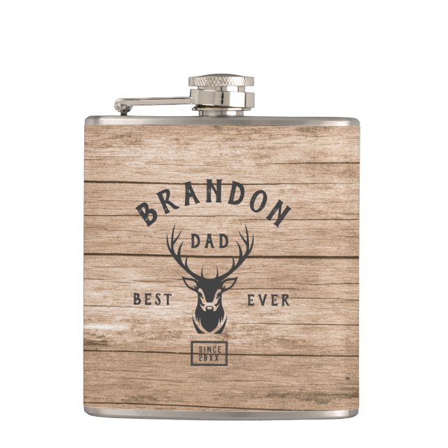 Rustic Modern BEST DAD EVER Custom Name Year Wood Hip Flask (Front)