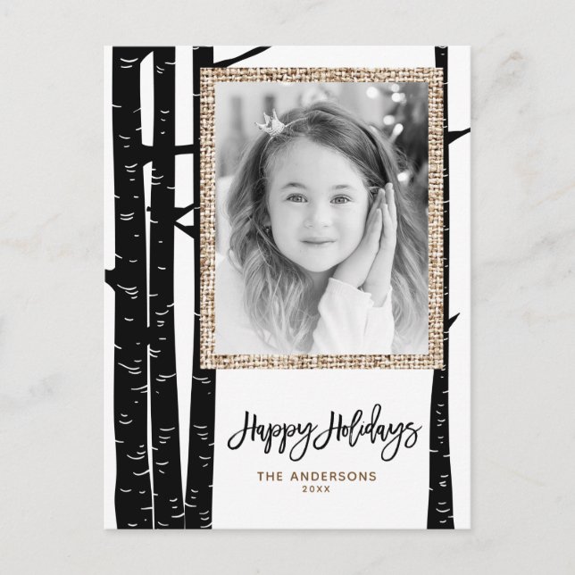 Rustic Modern Black Birch & Burlap Holiday Photo Postcard (Front)