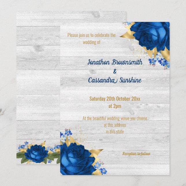 RUSTIC MODERN BLUE FLORAL GOLD WHITE WEDDING INVITATION (Front/Back)