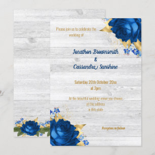 RUSTIC MODERN BLUE FLORAL GOLD WHITE WEDDING INVITATION