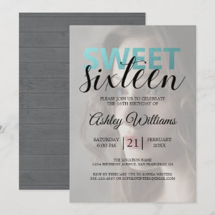 Rustic Modern Blue Foil Elegant Sweet 16 Photo Invitation