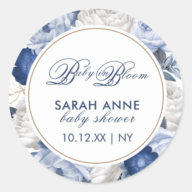 Rustic Modern Blue & White Flower Baby Shower Classic Round Sticker (Front)