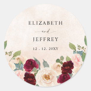 Rustic Modern Burgundy Peach Floral Fall Wedding Classic Round Sticker