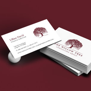 Rustic Modern Burgundy Willow Tree Logo Business Card