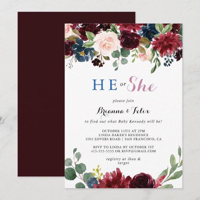 Rustic Modern Calligraphy He or She Gender Reveal Invitation (Front/Back)