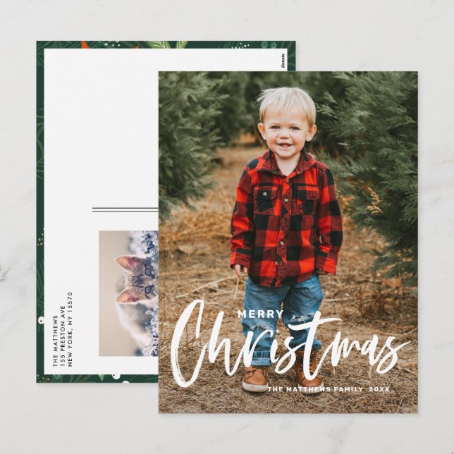 Rustic Modern Calligraphy Merry Christmas Photo Holiday Postcard (Front/Back)