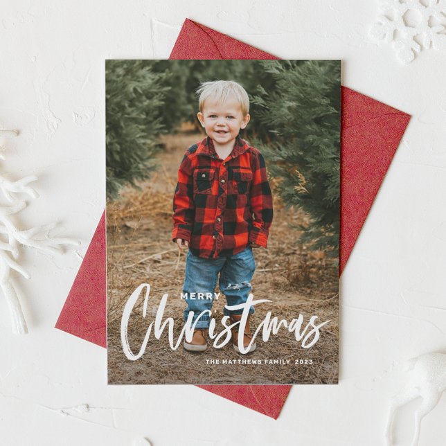Rustic Modern Calligraphy Photo Merry Christmas Holiday Card (Creator Uploaded)