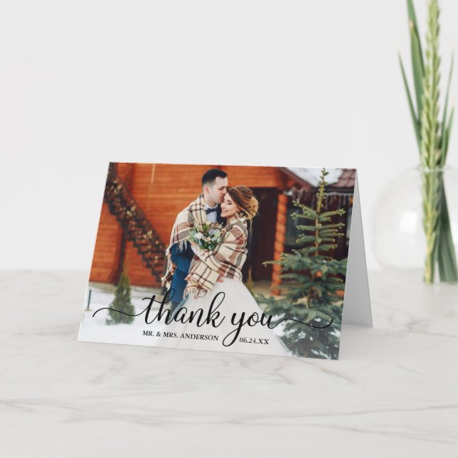 Rustic Modern Calligraphy Photo Wedding Fold Thank You Card (Front)