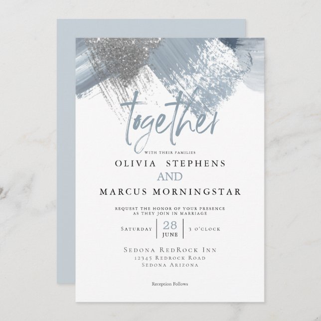 Rustic Modern Chic Dusty Blue Brushstrokes Invitation (Front/Back)
