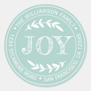 Rustic Modern Christmas Joy Return Address Blue Classic Round Sticker
