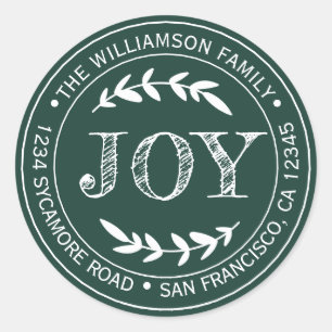 Rustic Modern Christmas Joy Return Address Green Classic Round Sticker