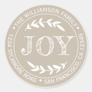 Rustic Modern Christmas Joy Return Address Grey Classic Round Sticker