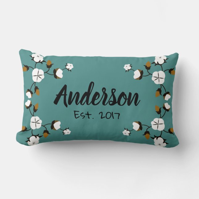 Rustic Modern Cotton Flowers & Teal Lumbar Pillow (Front)