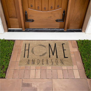 Rustic Modern Country Family Name Home Faux Burlap Doormat