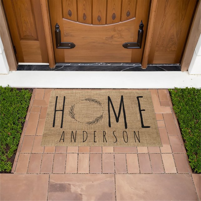 Rustic Modern Country Family Name Home Faux Burlap Doormat (Outdoor)