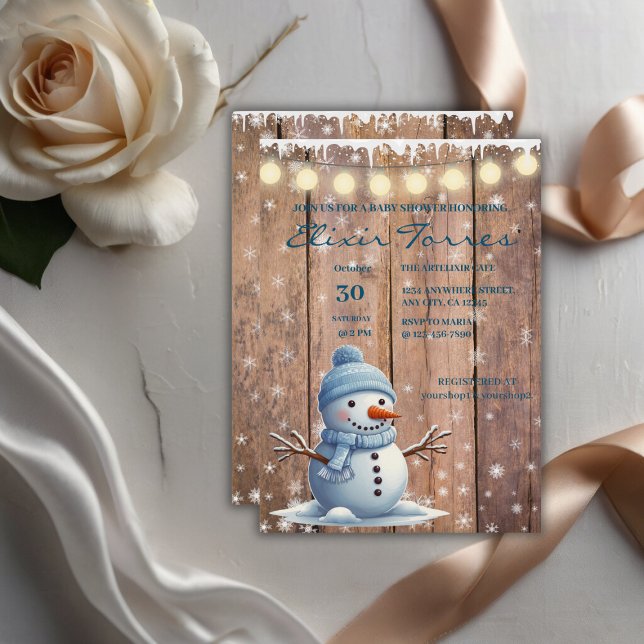 Rustic Modern Elegant Blue Snowman Baby Shower Invitation (Creator Uploaded)