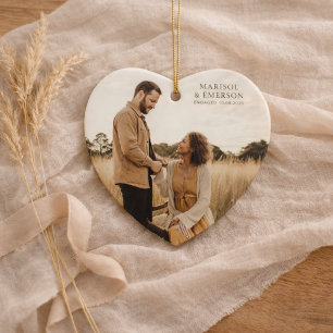 Rustic Modern Engagement Photo Heart Keepsake  Ceramic Ornament