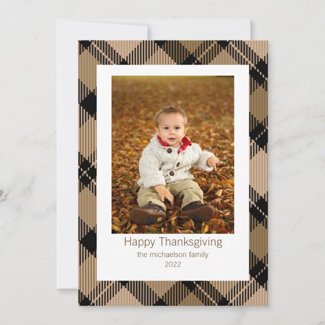 Rustic Modern Fall Brown Tartan Plaid Photo Holiday Card (Front)