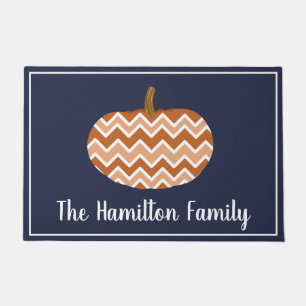 Rustic Modern Fall Chevrons Pumpkin Personalized Doormat