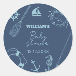 Rustic Modern Fishing Nautical Boy Baby Shower  Classic Round Sticker