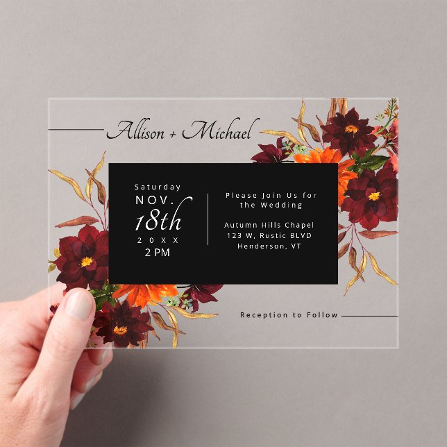 Rustic Modern Floral Watercolor Fall Wedding Acrylic Invitations (Insitu (Handheld))