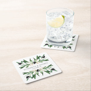 Rustic Modern Geometric Olive Branches Wedding Square Paper Coaster