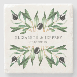 Rustic Modern Geometric Olive Branches Wedding Stone Coaster