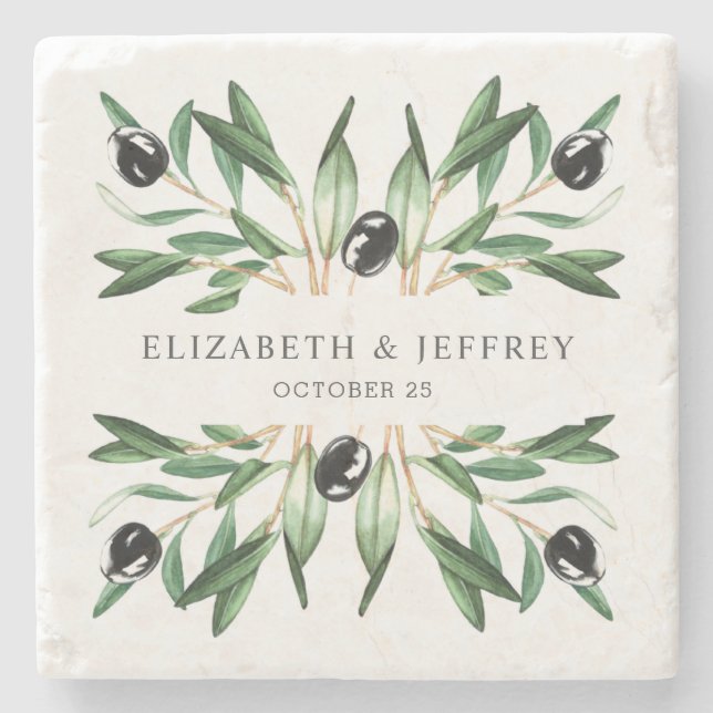 Rustic Modern Geometric Olive Branches Wedding  Stone Coaster (Front)