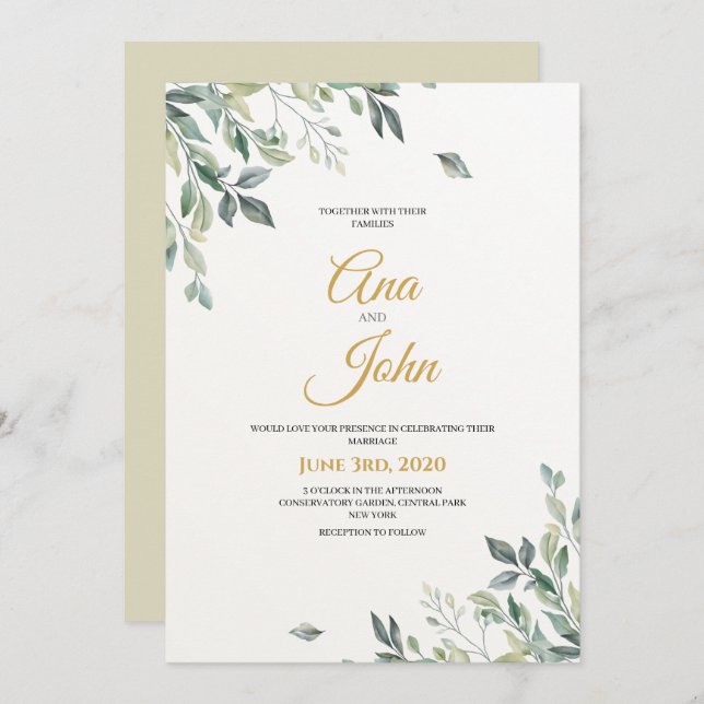 Rustic Modern Green Leaves Wedding Invitation (Front/Back)