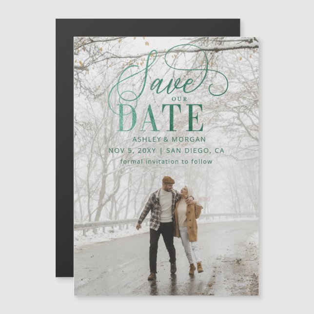 Rustic Modern Green Script Photo Save the Date Magnetic Invitation (Front/Back)