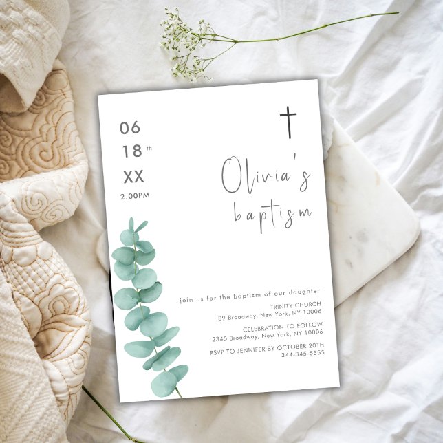 Rustic Modern Greenery Eucalyptus Cross Baptism Invitation (Rustic Modern Greenery Eucalyptus Cross Baptism Invitation)