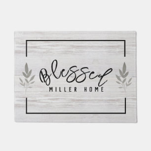 Rustic Modern Grey Wood Blessed Leaf Art Custom Doormat