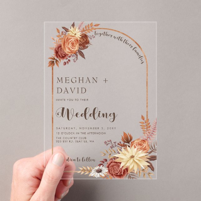 Rustic Modern Handwritten Script Fall Arch Wedding Acrylic Invitations (Insitu (Handheld))