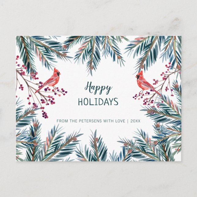 Rustic modern Happy Holidays pine boughs and birds Holiday Postcard (Front)