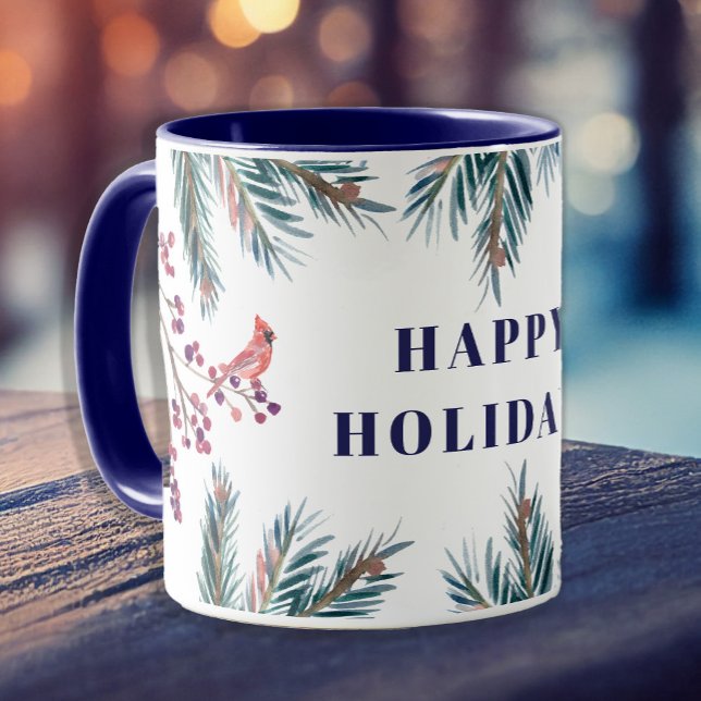 Rustic modern Happy Holidays pine boughs and birds Mug (Creator Uploaded)