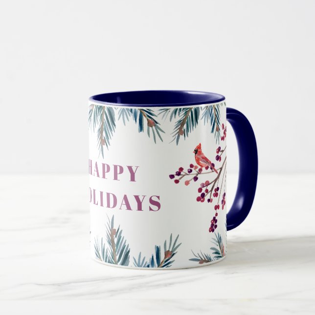 Rustic modern Happy Holidays pine boughs and birds Mug (Front Right)