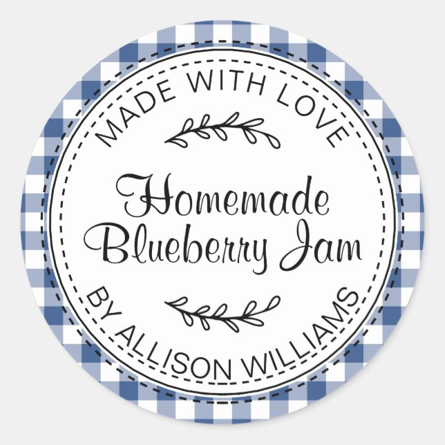 Rustic Modern Homemade Blueberry Jam Blue Check Classic Round Sticker (Front)