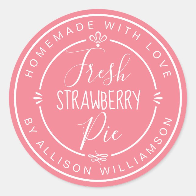Rustic Modern Homemade Fresh Strawberry Pie Pink Classic Round Sticker (Front)