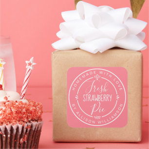 Rustic Modern Homemade Fresh Strawberry Pie Pink Square Sticker